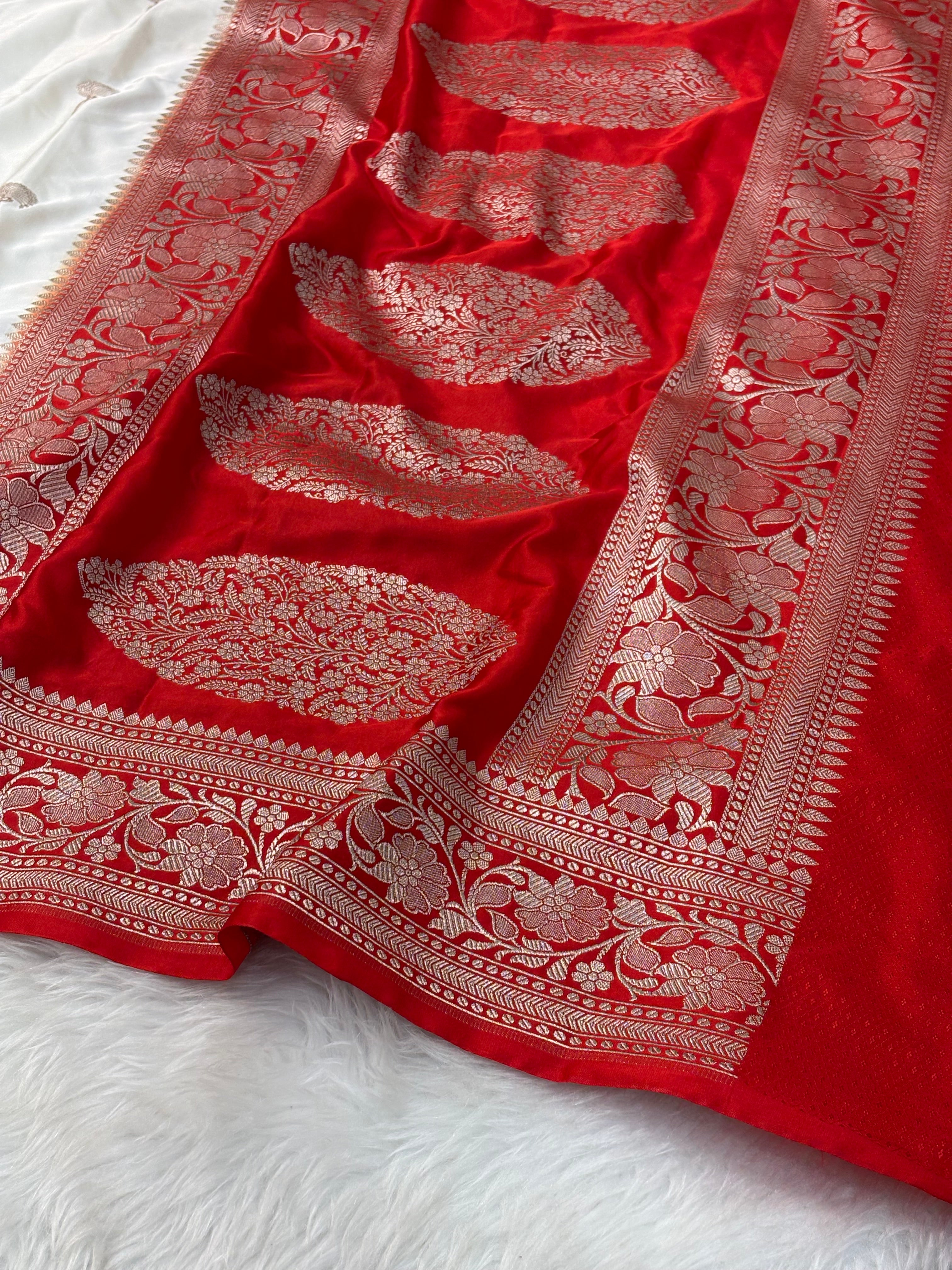 White Pure Banarasi Mashru Katan Silk Saree