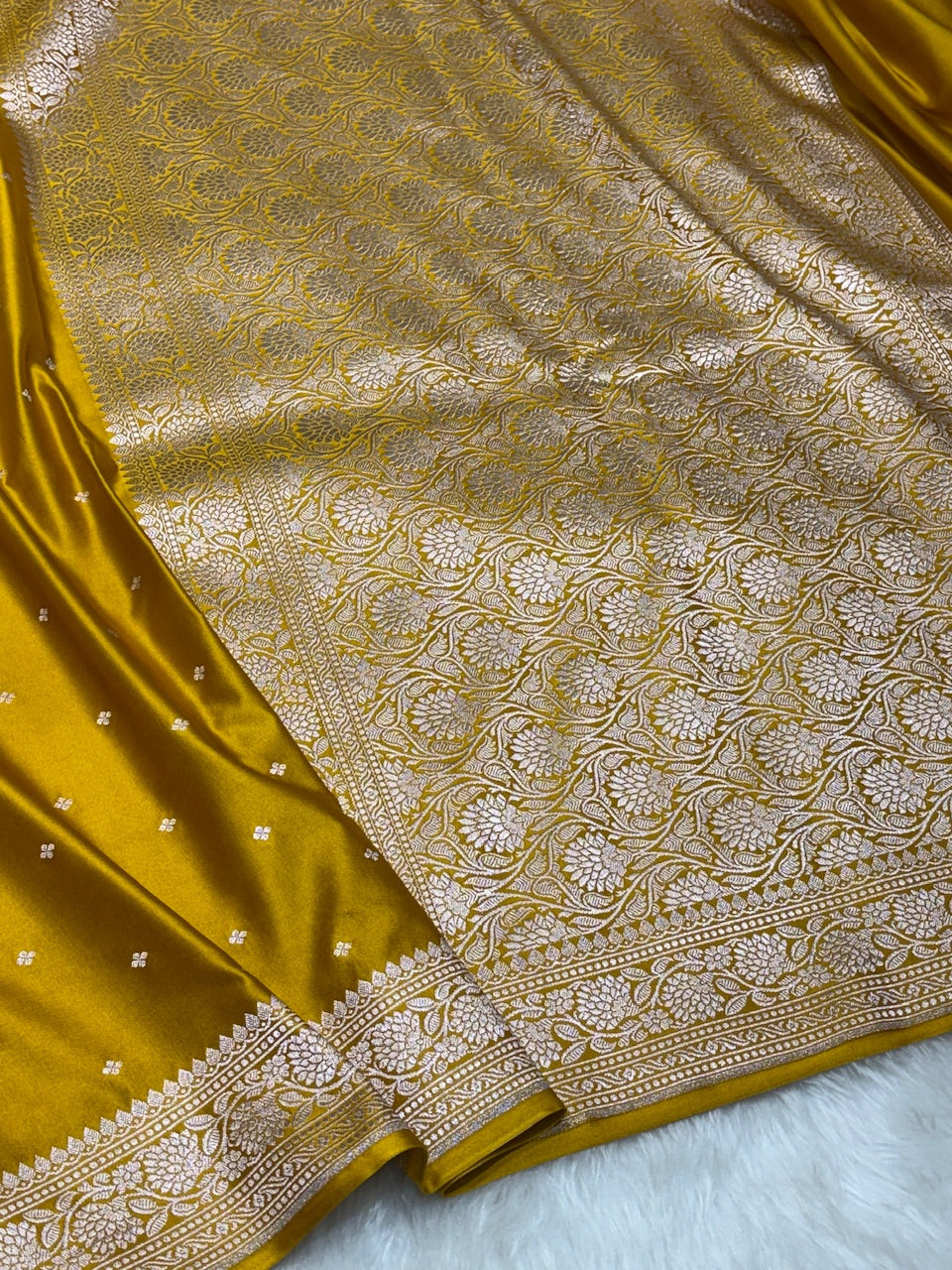 Mustard Yellow Pure Banarasi Mashru Silk Saree