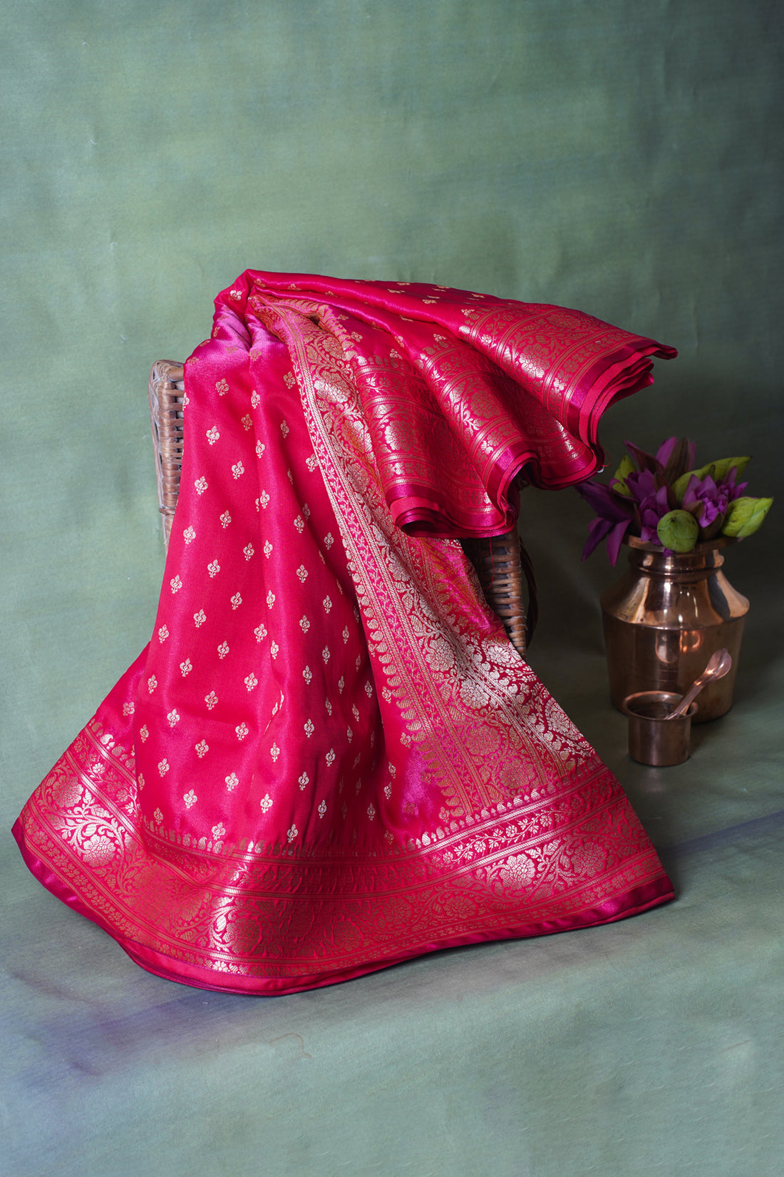Magenta Pink Banarasi Upada Satin Silk buti Saree