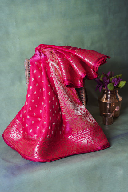 Magenta Pink Banarasi Upada Satin Silk buti Saree