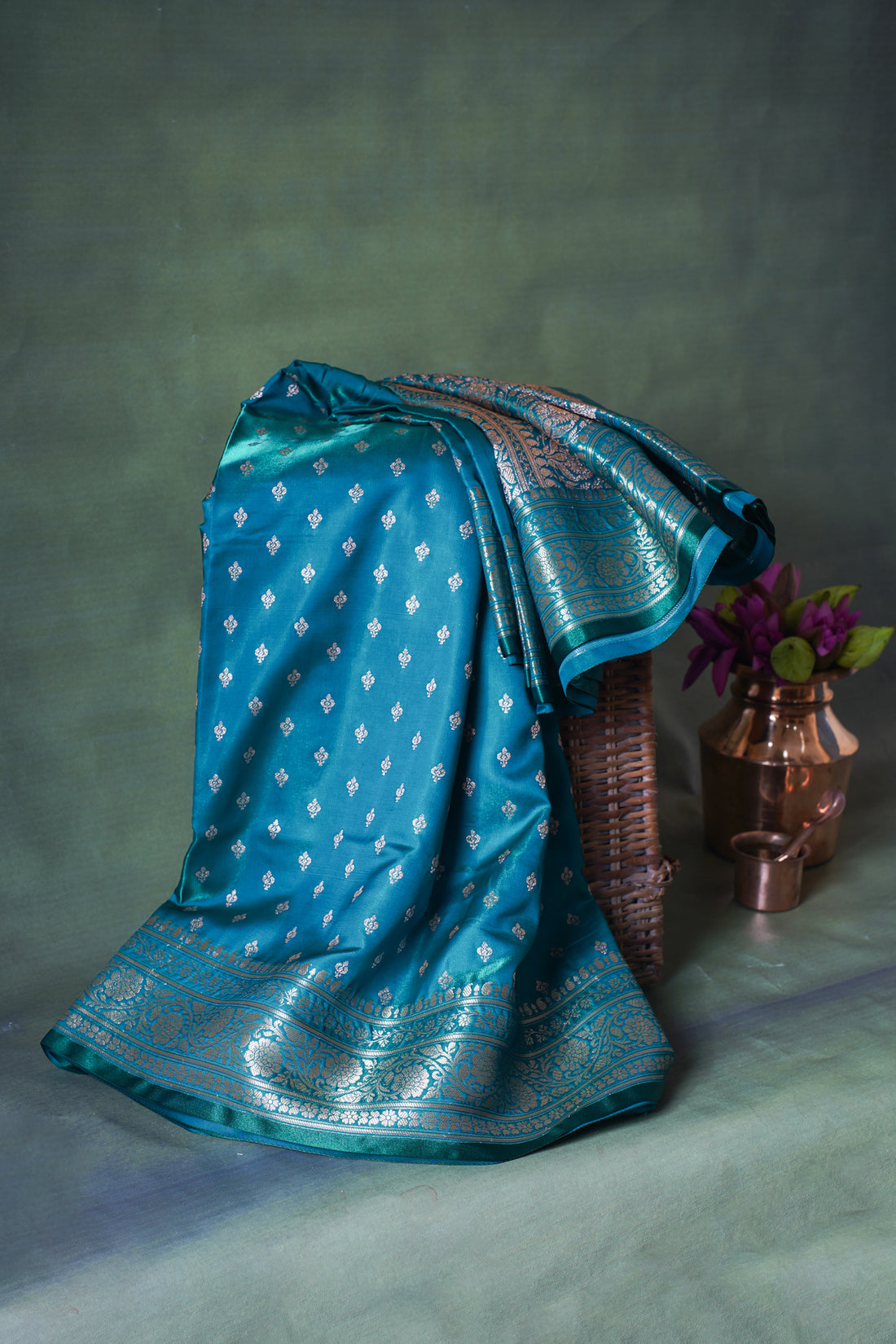 Teal Green Banarasi Upada Satin Silk Buti Saree
