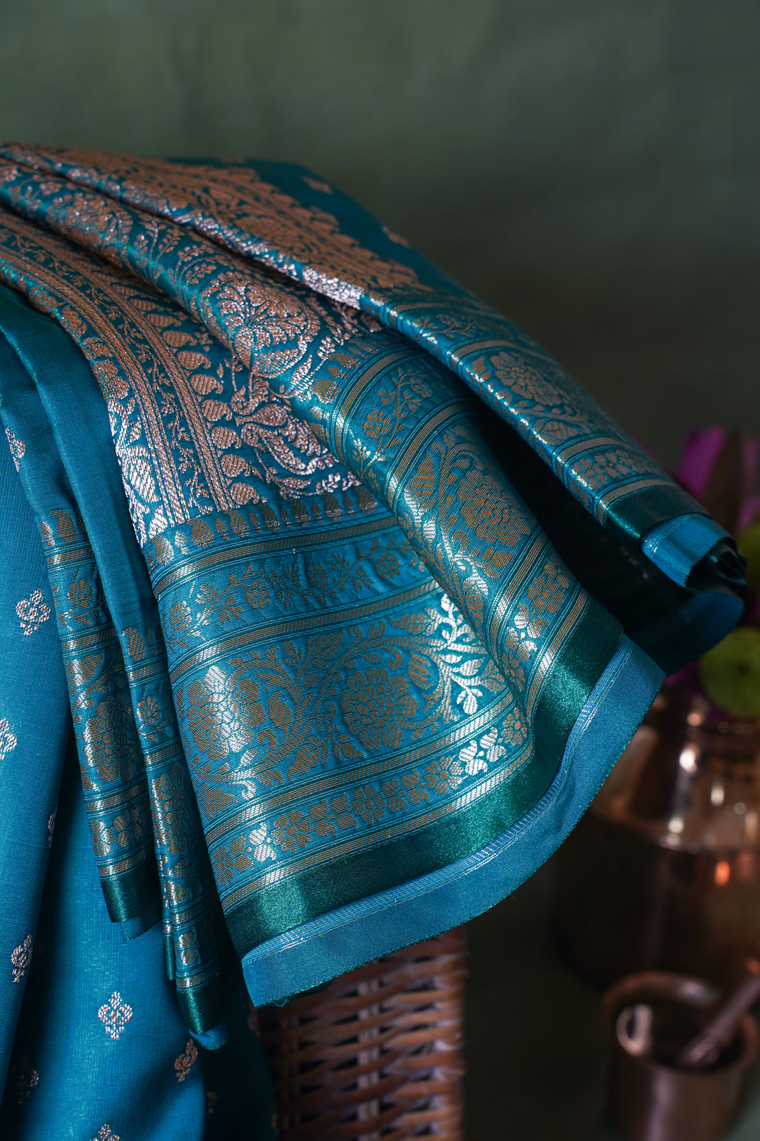 Teal Green Banarasi Upada Satin Silk Buti Saree