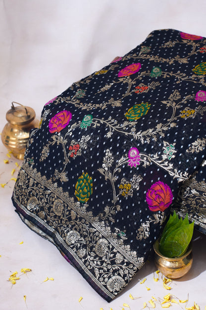 Black Khaddi Georgette Minakari Jaal Bandhej Saree