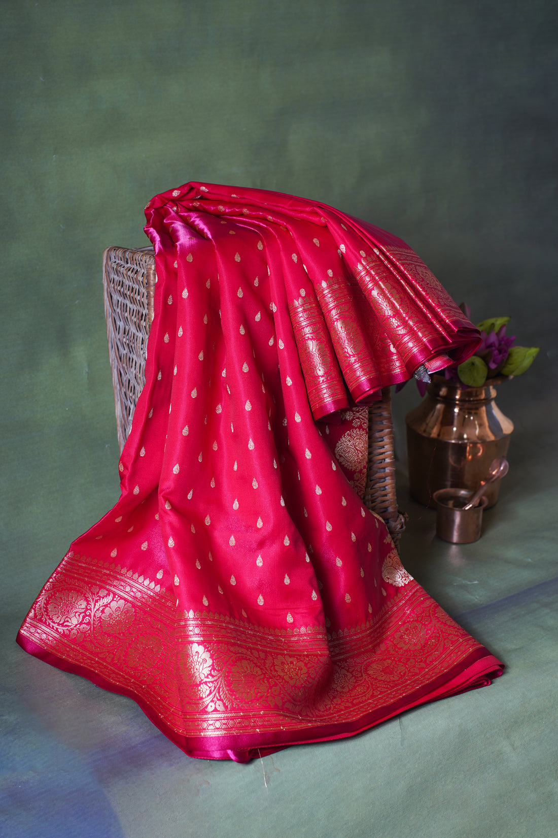 Crimson Red Banarasi Upada Satin Silk Buti Saree
