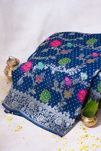 Navy Blue Khaddi Georgette Minakari Jaal Bandhej Saree