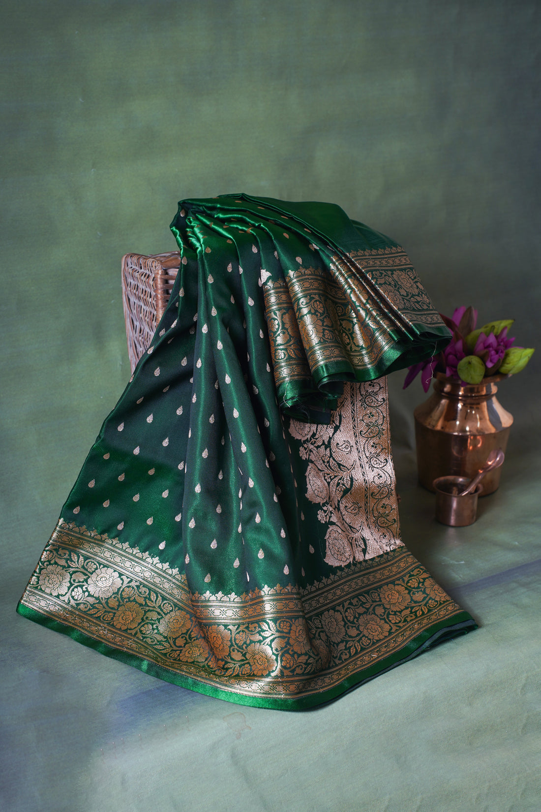 Emerald Green Banarasi Upada Satin Silk Buti Saree