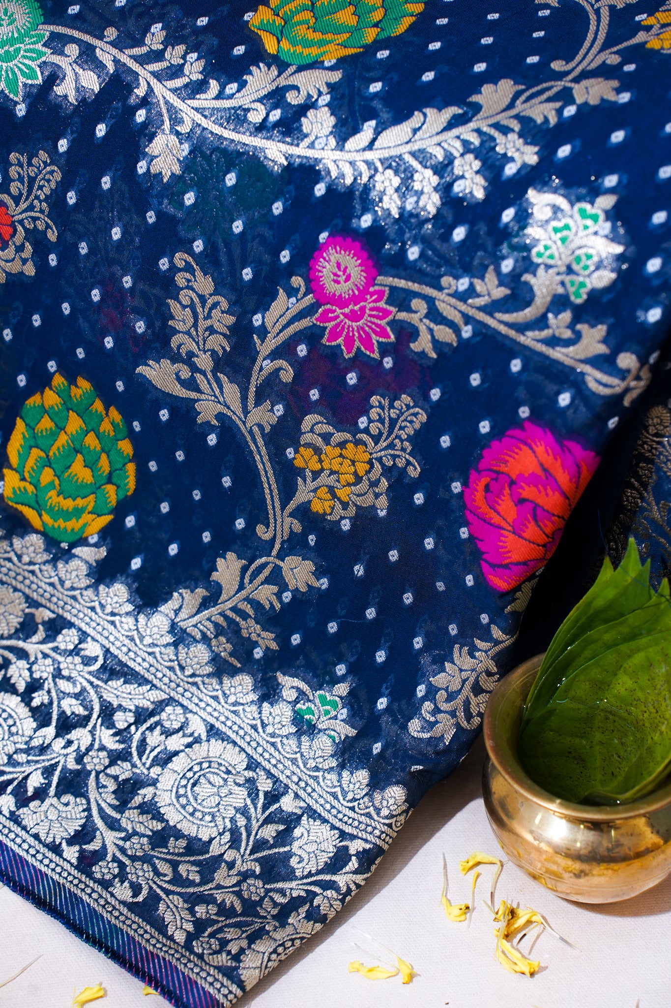 Navy Blue Khaddi Georgette Minakari Jaal Bandhej Saree