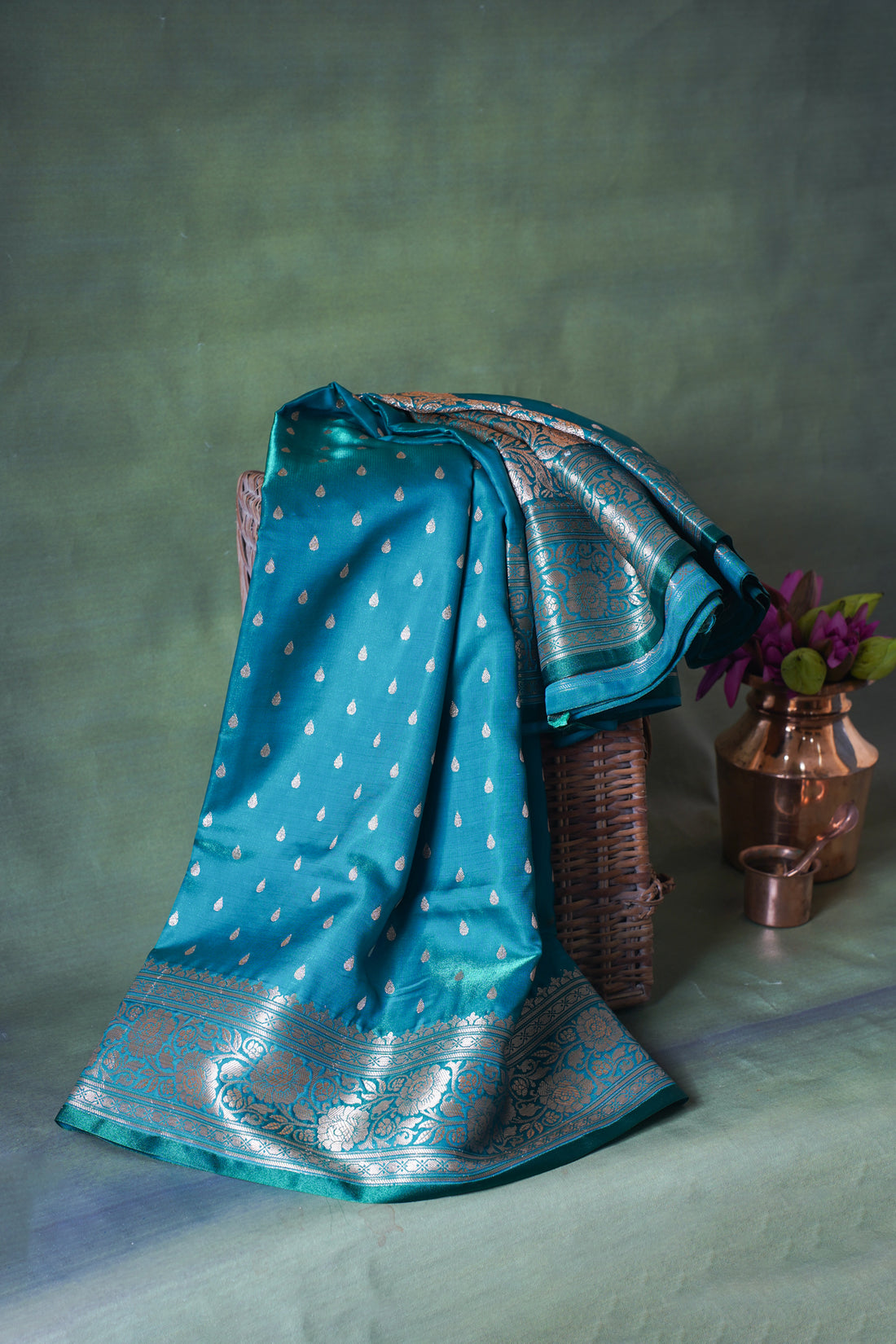 Peacock Blue Banarasi Upada Satin Silk Buti Saree