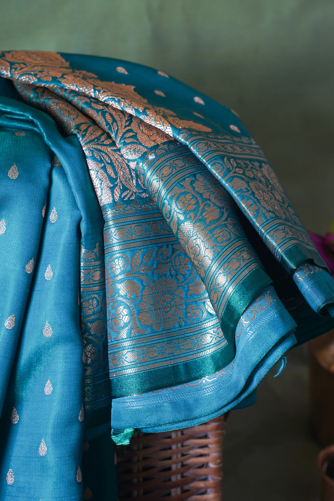 Peacock Blue Banarasi Upada Satin Silk Buti Saree