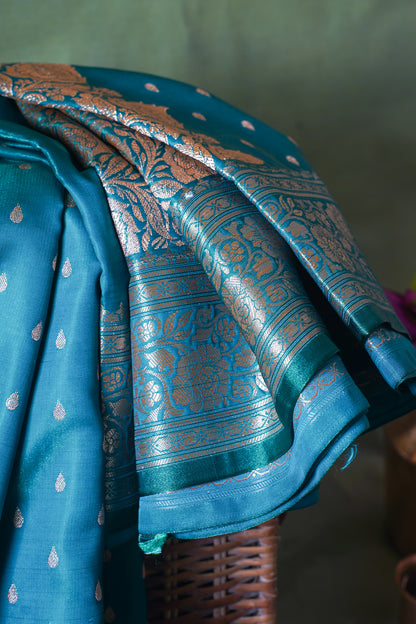 Peacock Blue Banarasi Upada Satin Silk Buti Saree