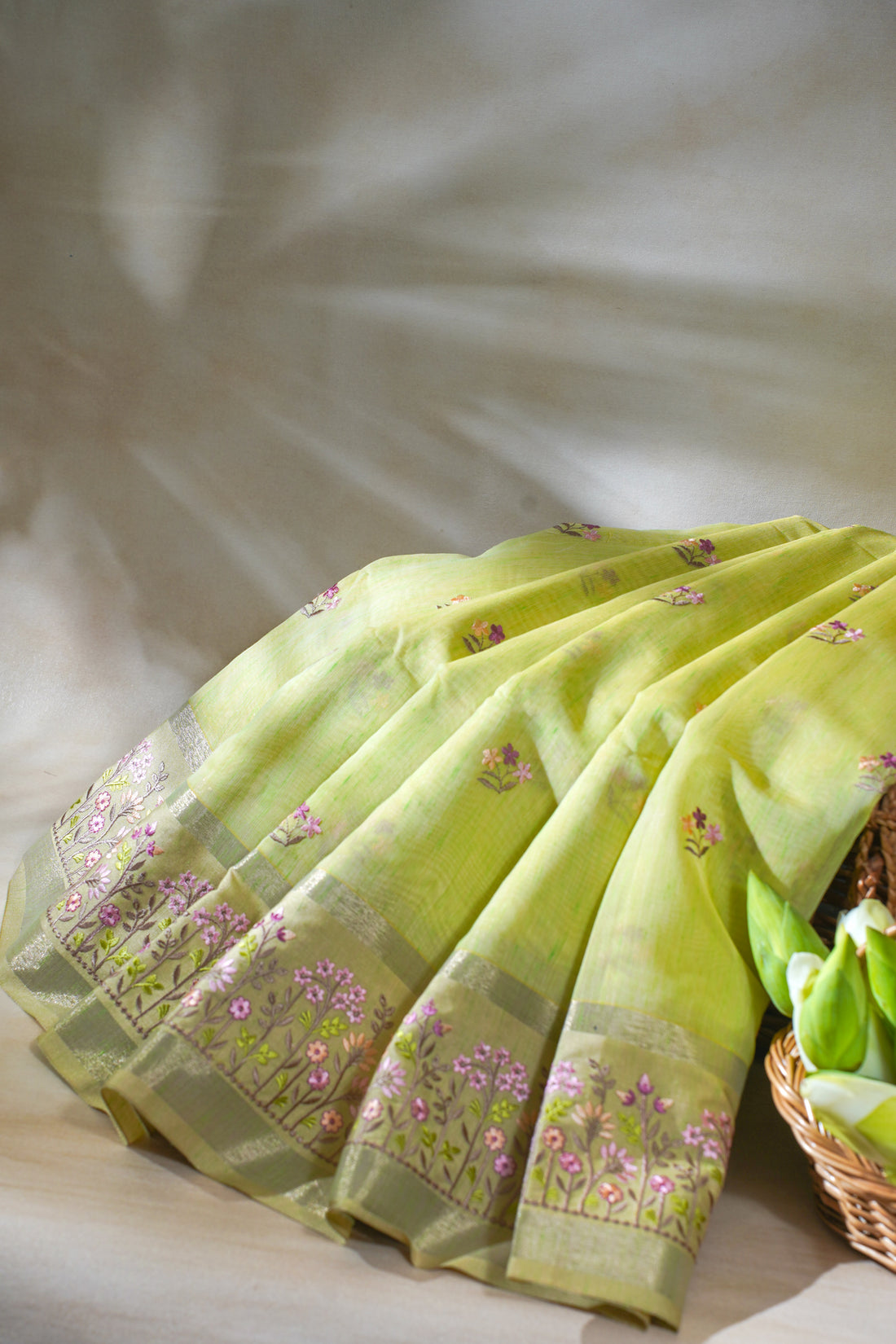 Light Green Linen Embroidery Saree