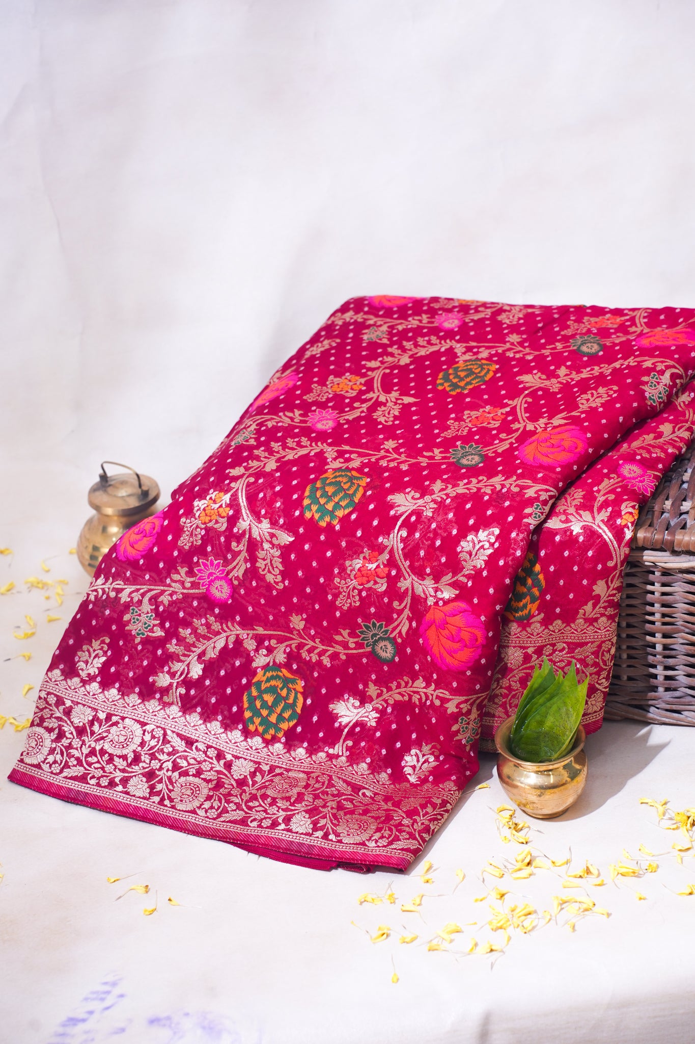 Rani Pink Khaddi Georgette Minakari Jaal Bandhej Saree