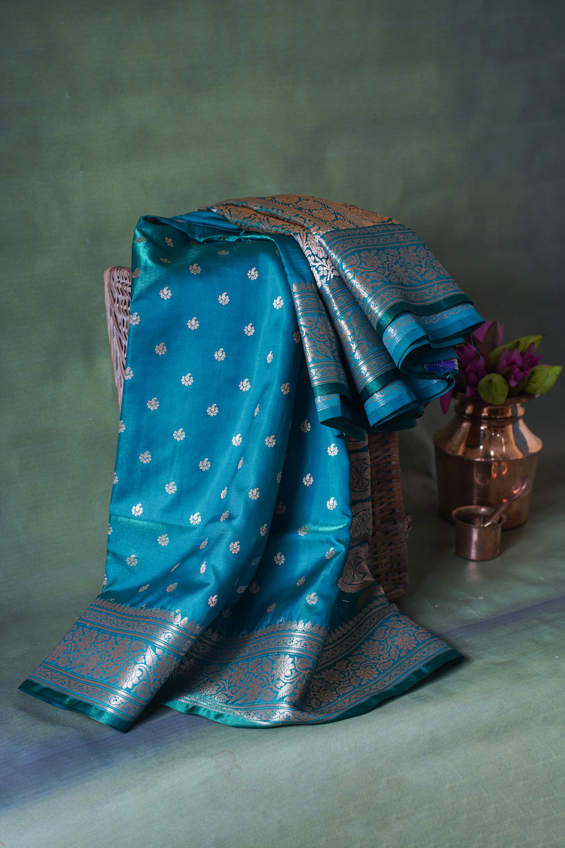 Peacock Blue Banarasi Upada Satin Silk Buti Saree