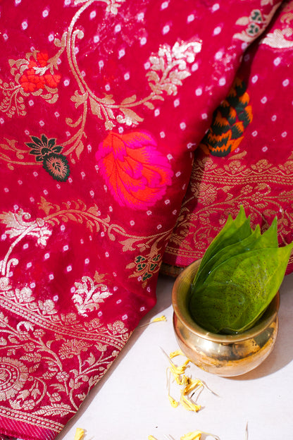 Rani Pink Khaddi Georgette Minakari Jaal Bandhej Saree