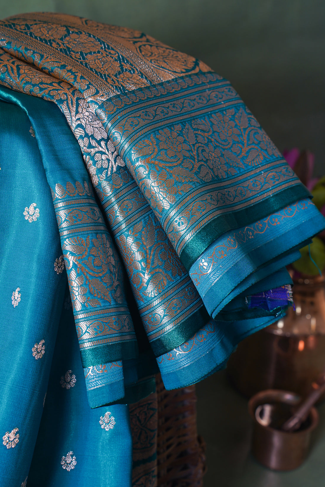 Peacock Blue Banarasi Upada Satin Silk Buti Saree