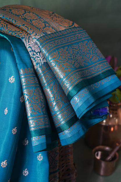 Peacock Blue Banarasi Upada Satin Silk Buti Saree