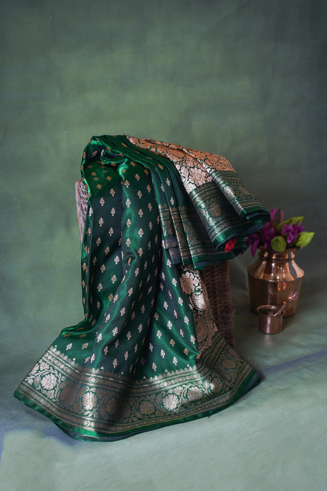 Deep Forest Green Banarasi Upada Satin Silk Buti Saree