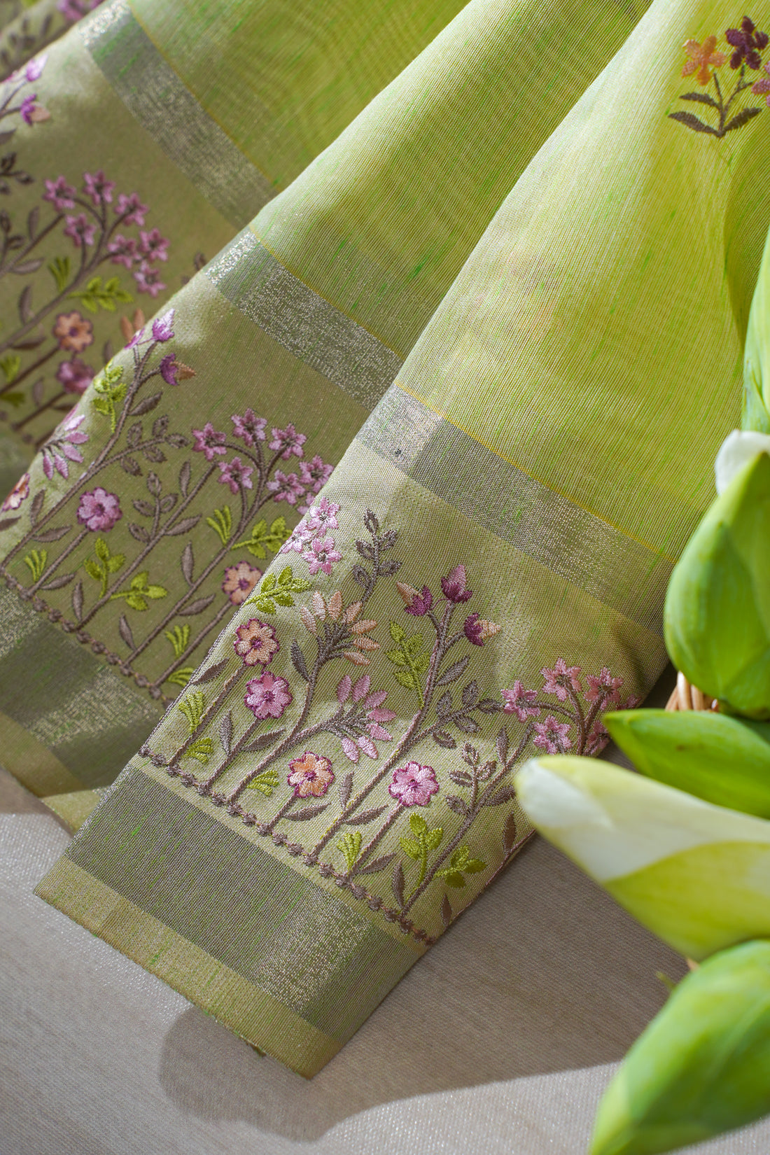 Light Green Linen Embroidery Saree