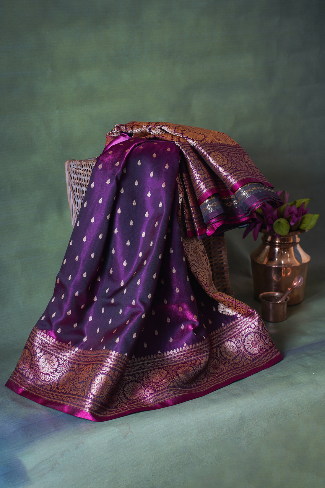 Plum Purple Banarasi Upada Satin Silk Buti Saree