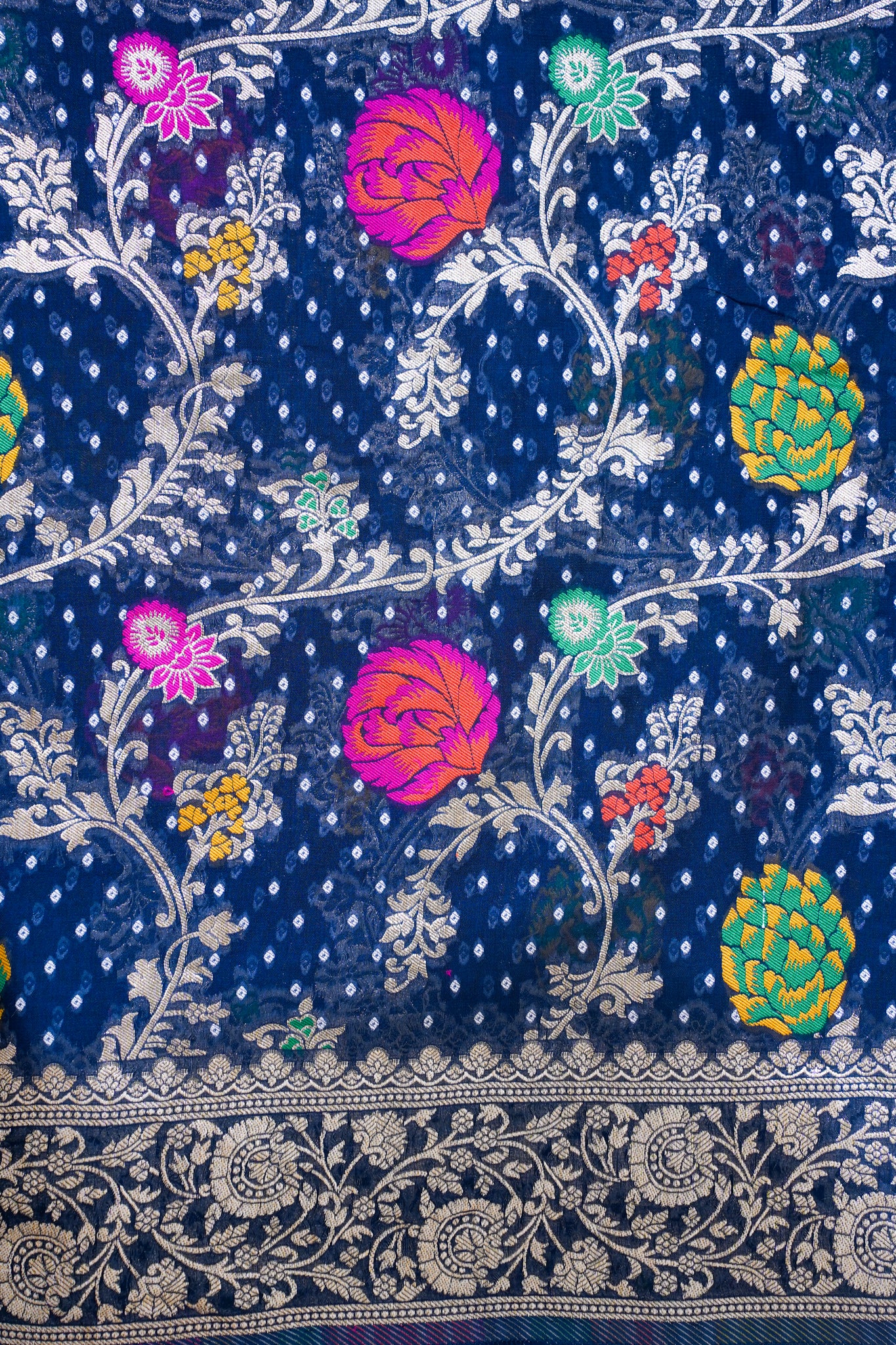 Navy Blue Khaddi Georgette Minakari Jaal Bandhej Saree