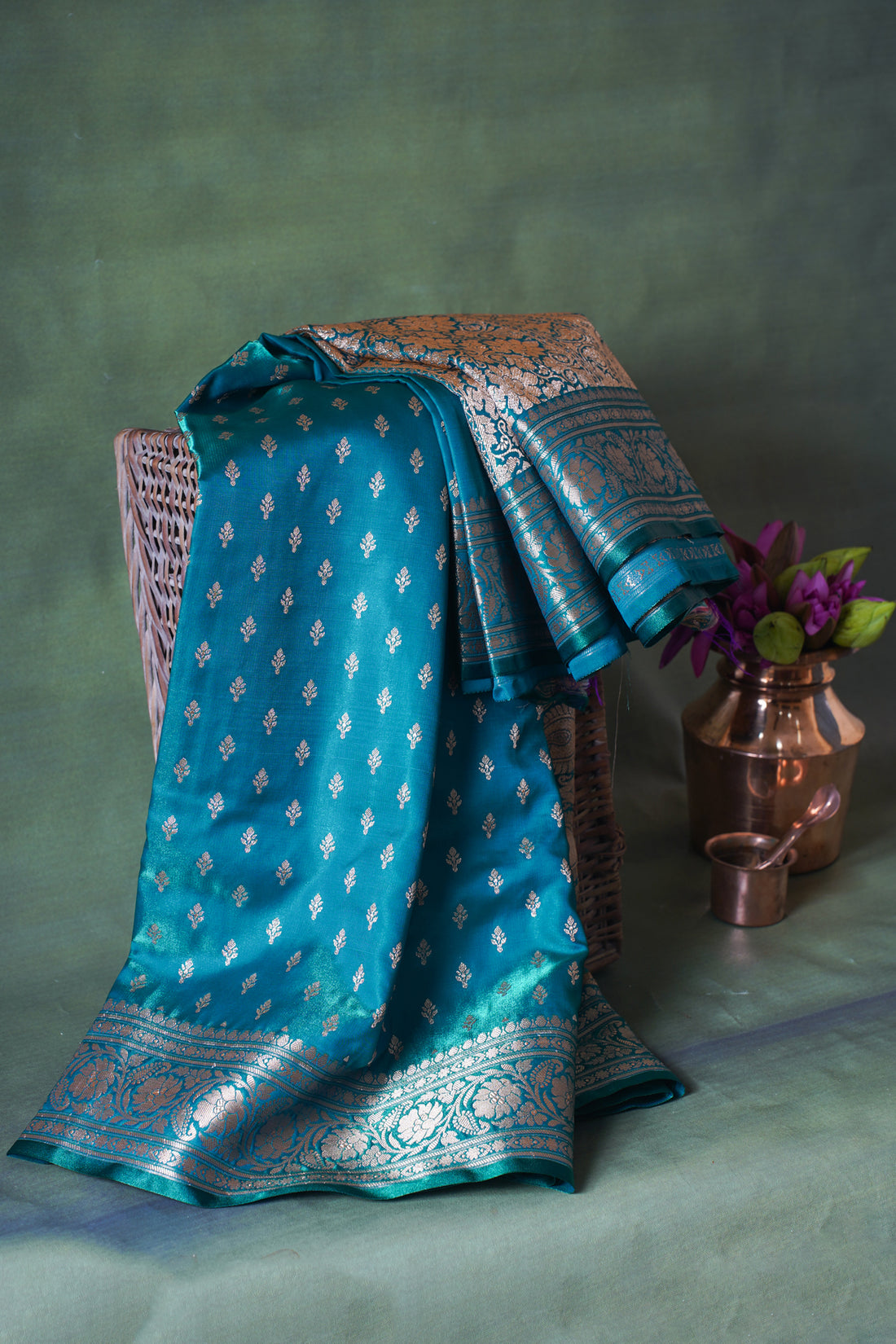 Teal Green Banarasi Upada Satin Silk Buti Saree