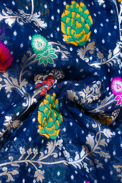 Navy Blue Khaddi Georgette Minakari Jaal Bandhej Saree