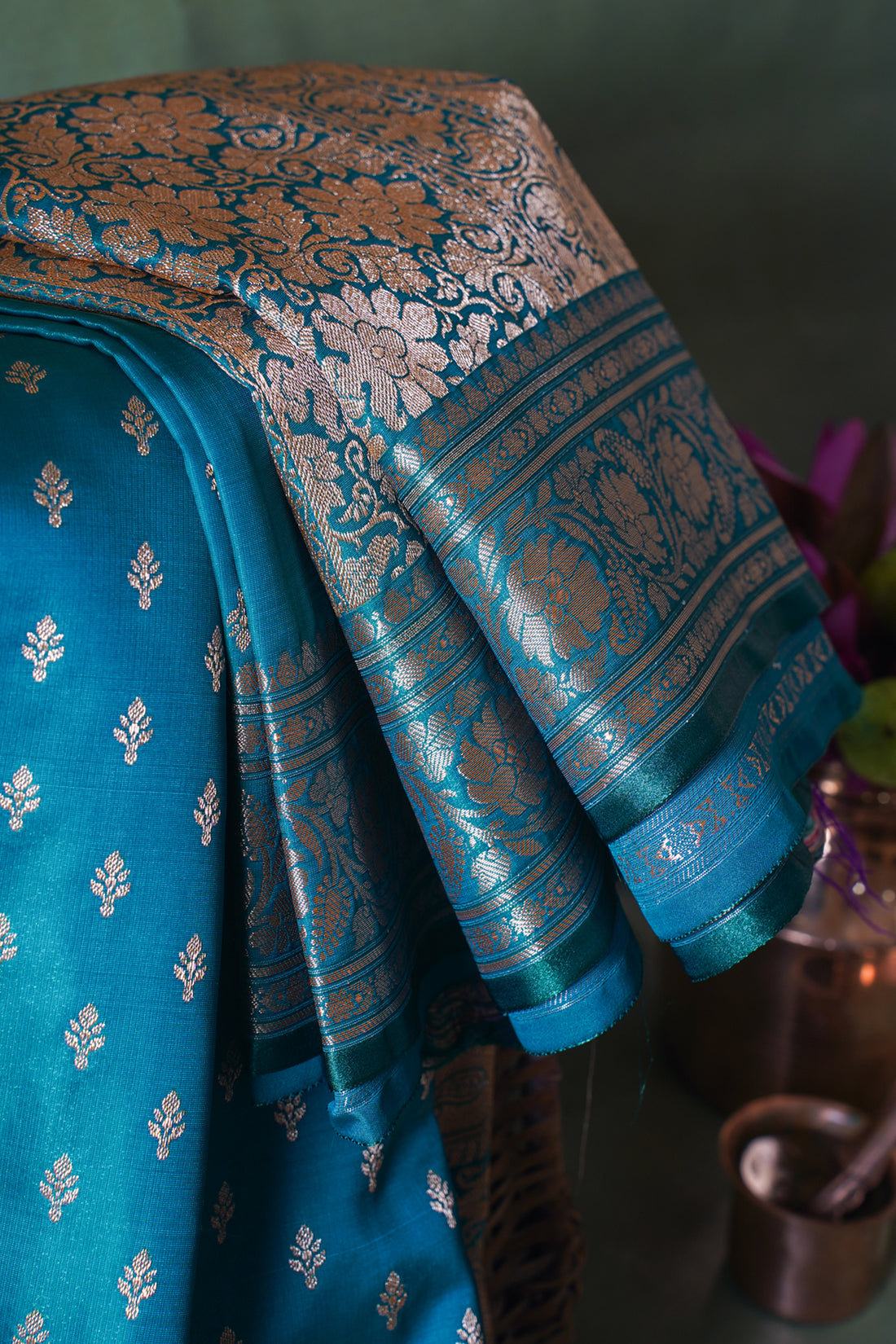 Teal Green Banarasi Upada Satin Silk Buti Saree