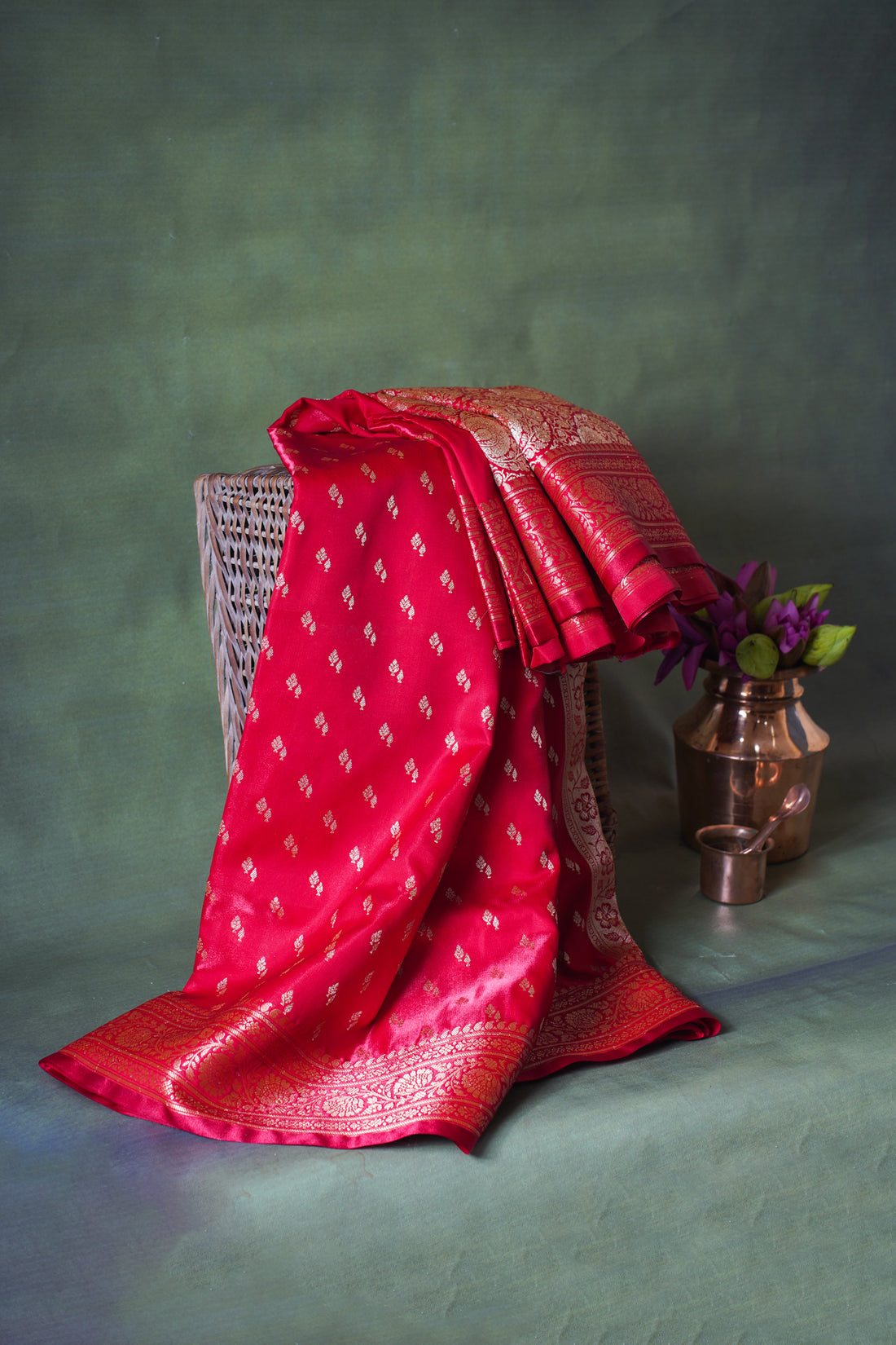 Scarlet Red Banarasi Upada Satin Silk Buti Saree