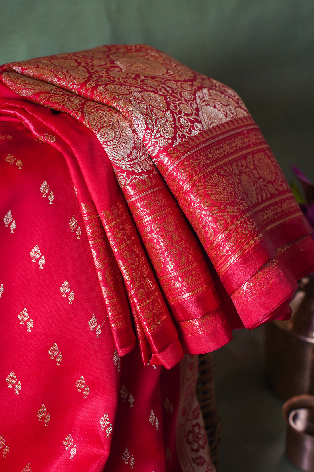 Scarlet Red Banarasi Upada Satin Silk Buti Saree