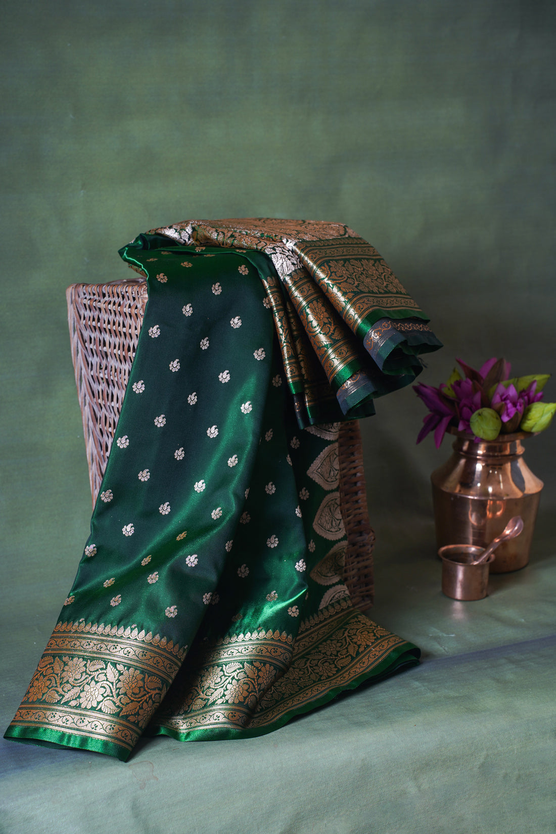 Emerald Green Banarasi Upada Satin Silk Buti Saree