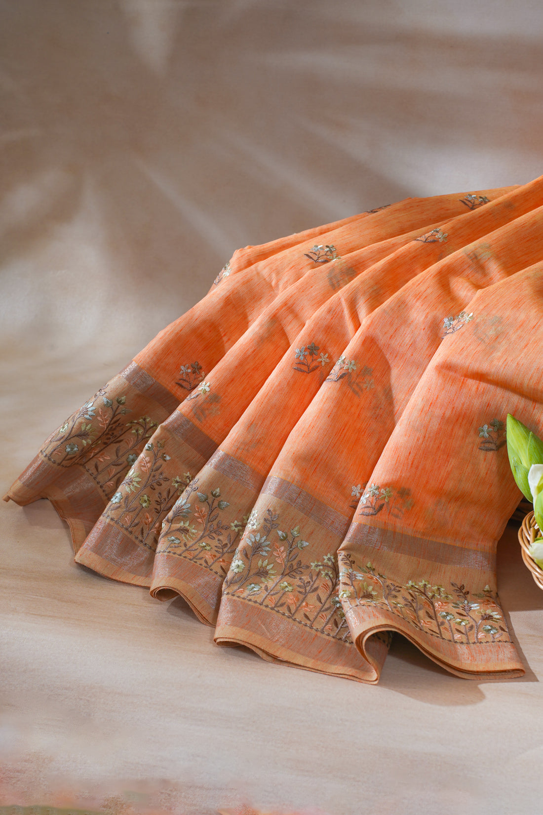 Bright Orange Linen Embroidery Saree