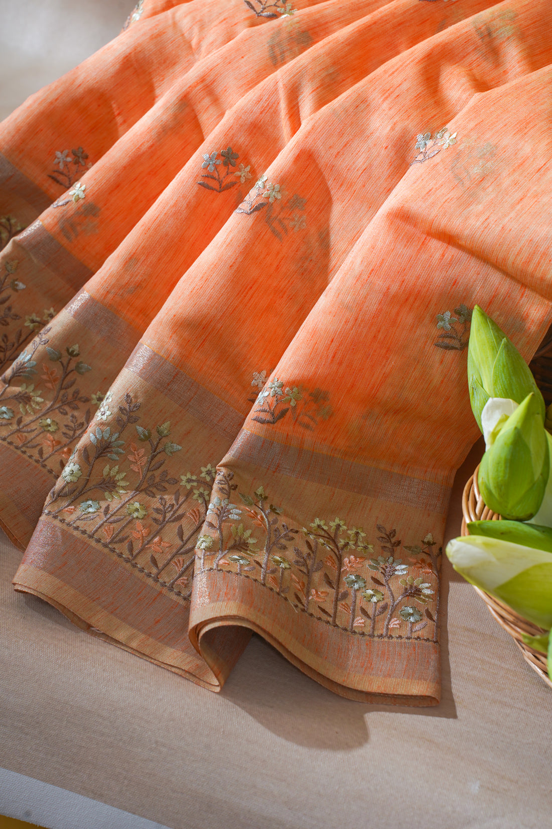 Bright Orange Linen Embroidery Saree