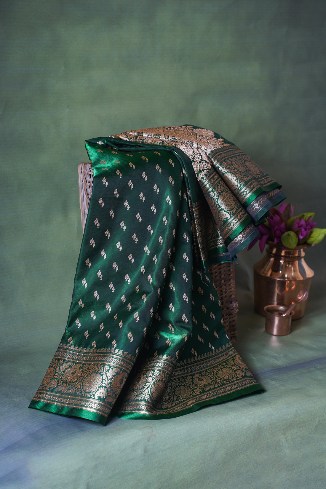Deep Bottle Green Banarasi Upada Satin Silk Buti Saree