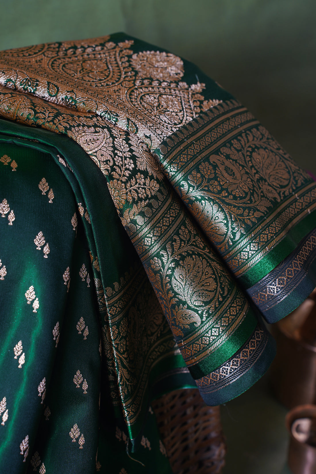 Deep Bottle Green Banarasi Upada Satin Silk Buti Saree