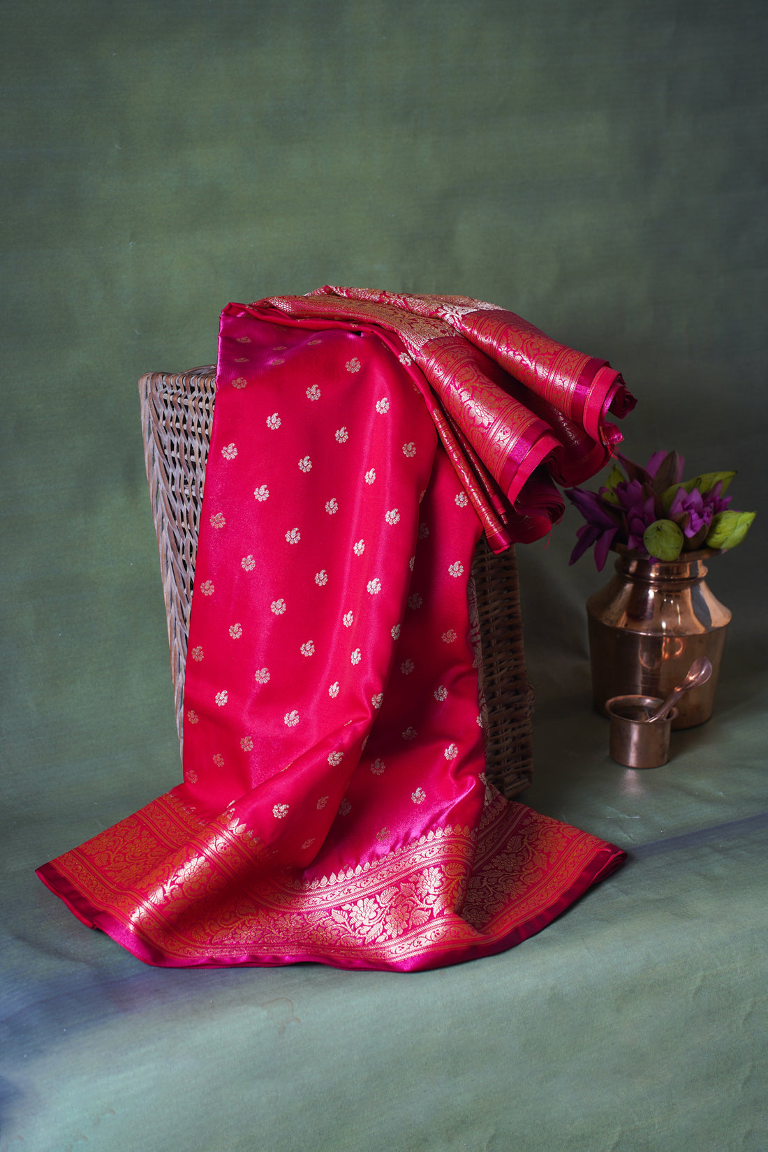 Rani Pink Banarasi Upada Satin Silk Buti Saree