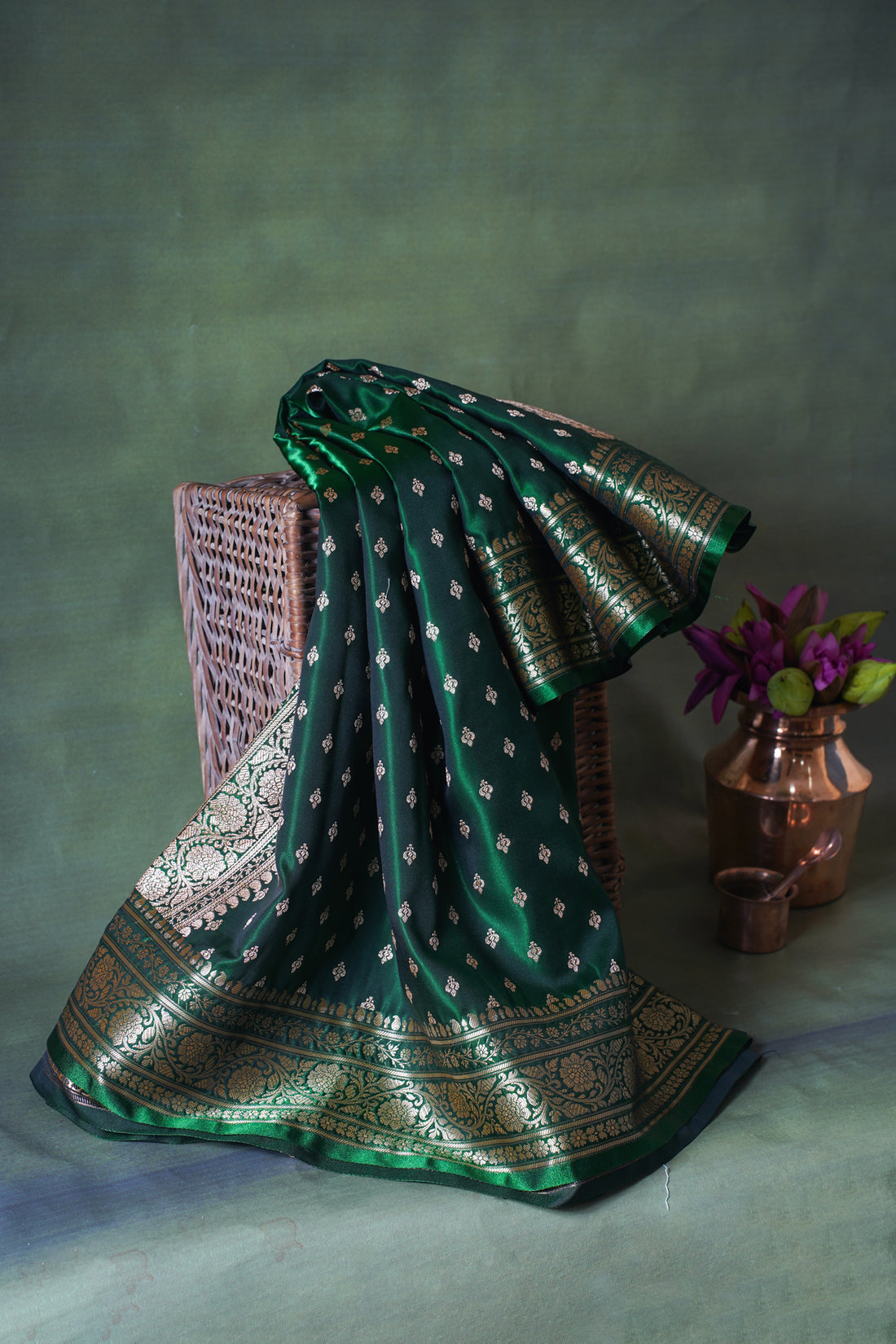 Emerald Green Banarasi Upada Satin Silk Buti Saree