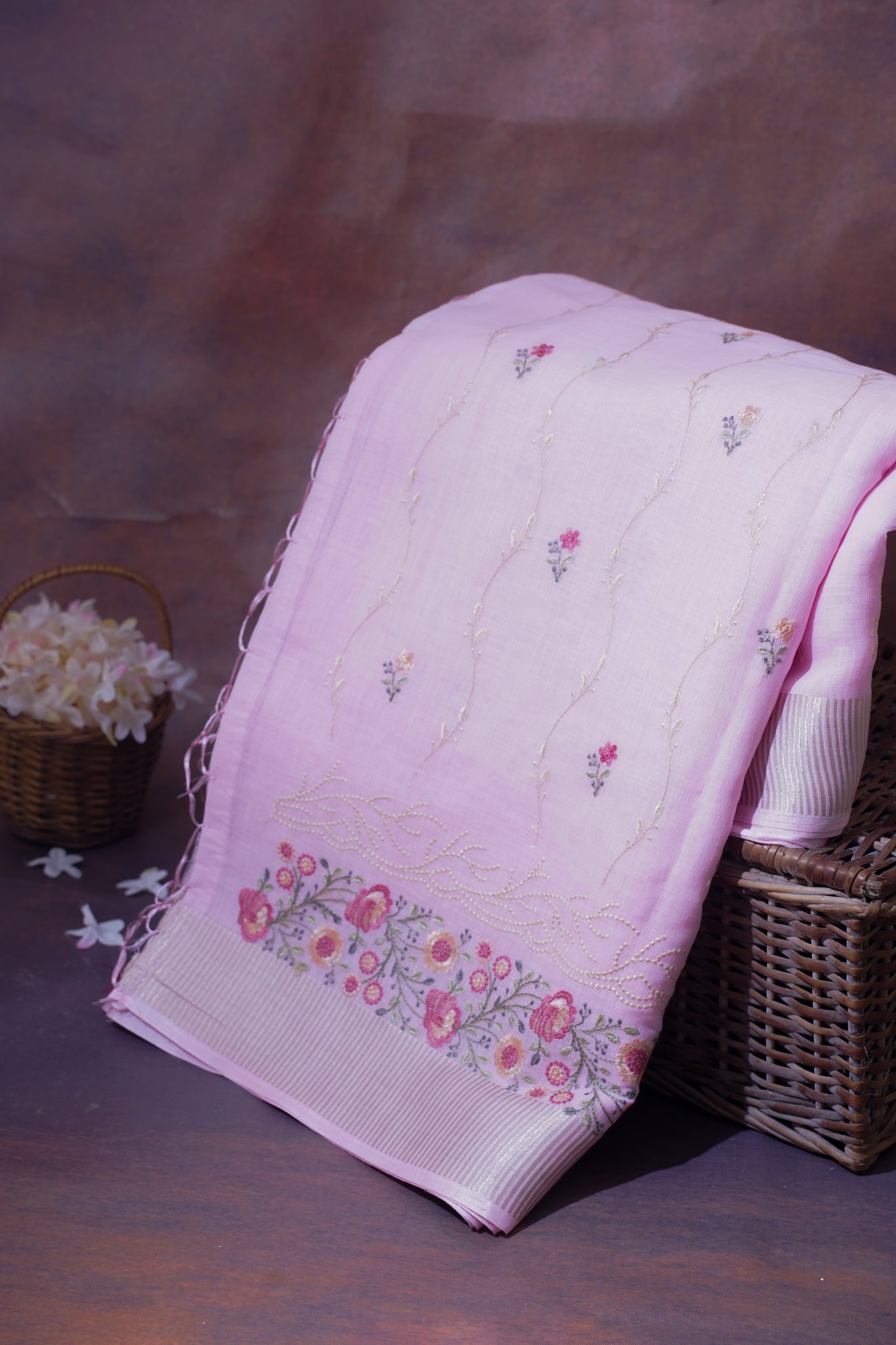 Baby Pink Cotton Saree with Minakari Floral Embroidery
