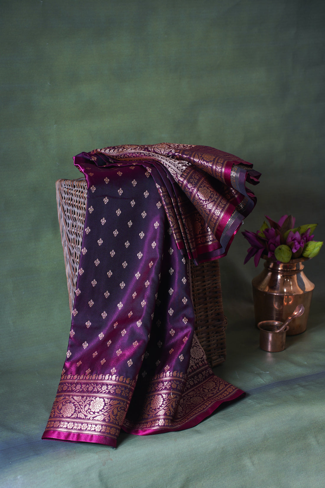 Deep Wine Banarasi Upada Satin Silk Buti Saree