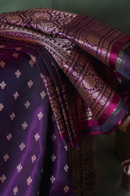 Deep Wine Banarasi Upada Satin Silk Buti Saree