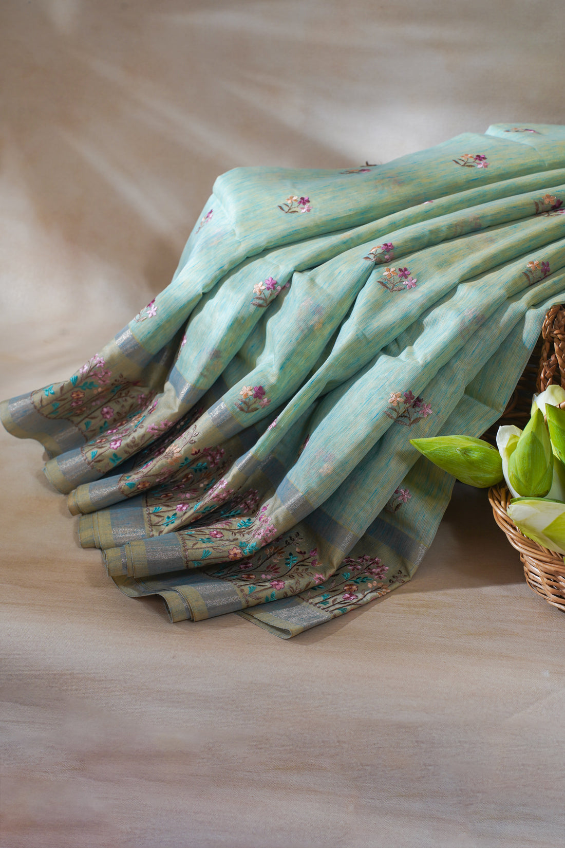 Pastel Green Linen Embroidery Saree