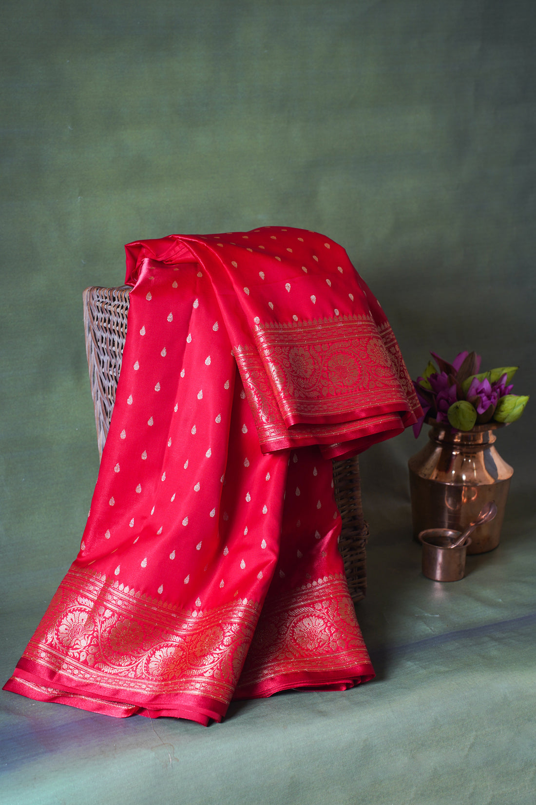 Crimson Red Banarasi Upada Satin Silk Buti Saree