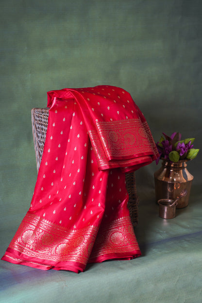 Crimson Red Banarasi Upada Satin Silk Buti Saree