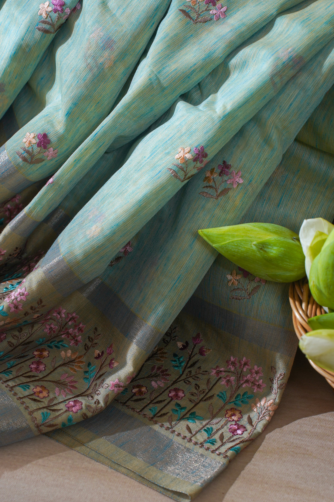 Pastel Green Linen Embroidery Saree
