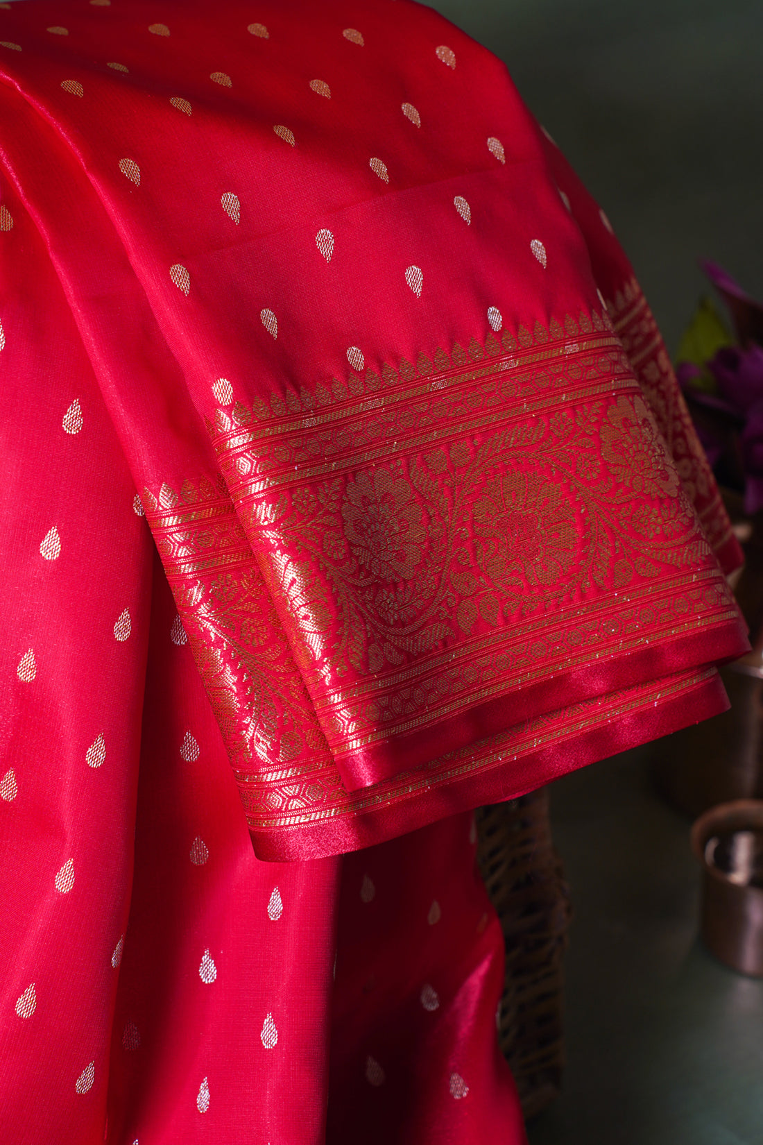 Crimson Red Banarasi Upada Satin Silk Buti Saree