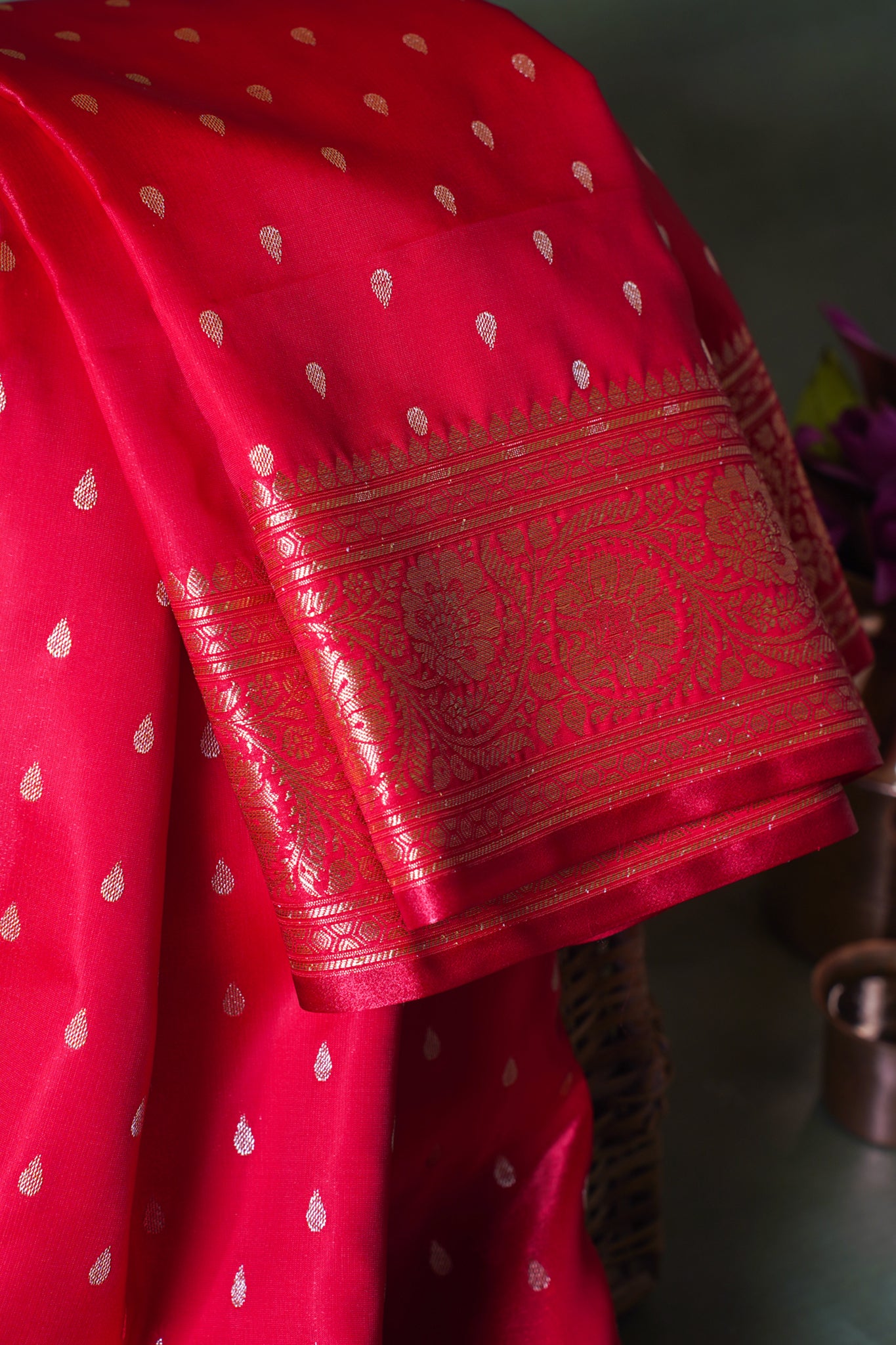 Crimson Red Banarasi Upada Satin Silk Buti Saree