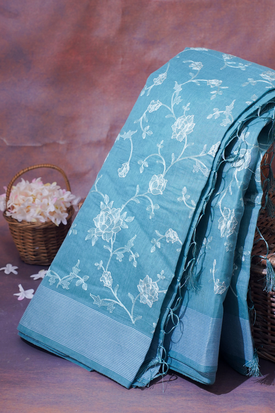 Sky Blue Linen Saree with White Chikankari Embroidery