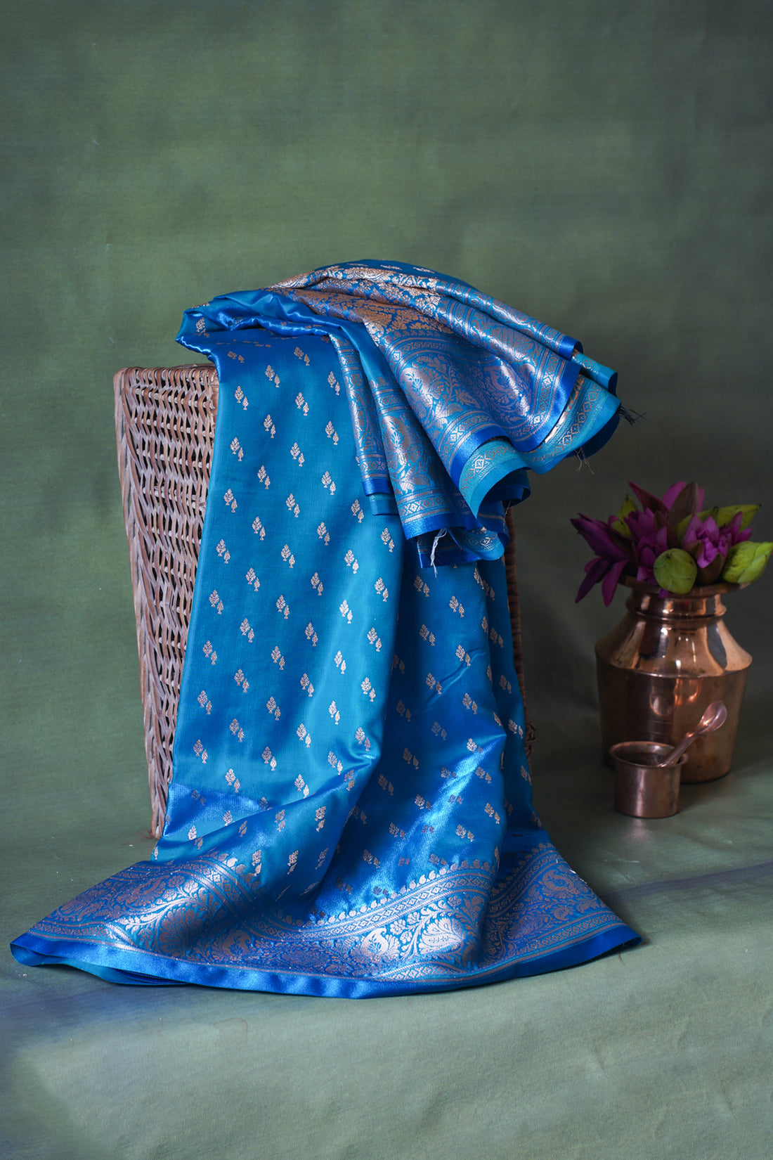 Sky Blue Banarasi Upada Satin Silk Buti Saree