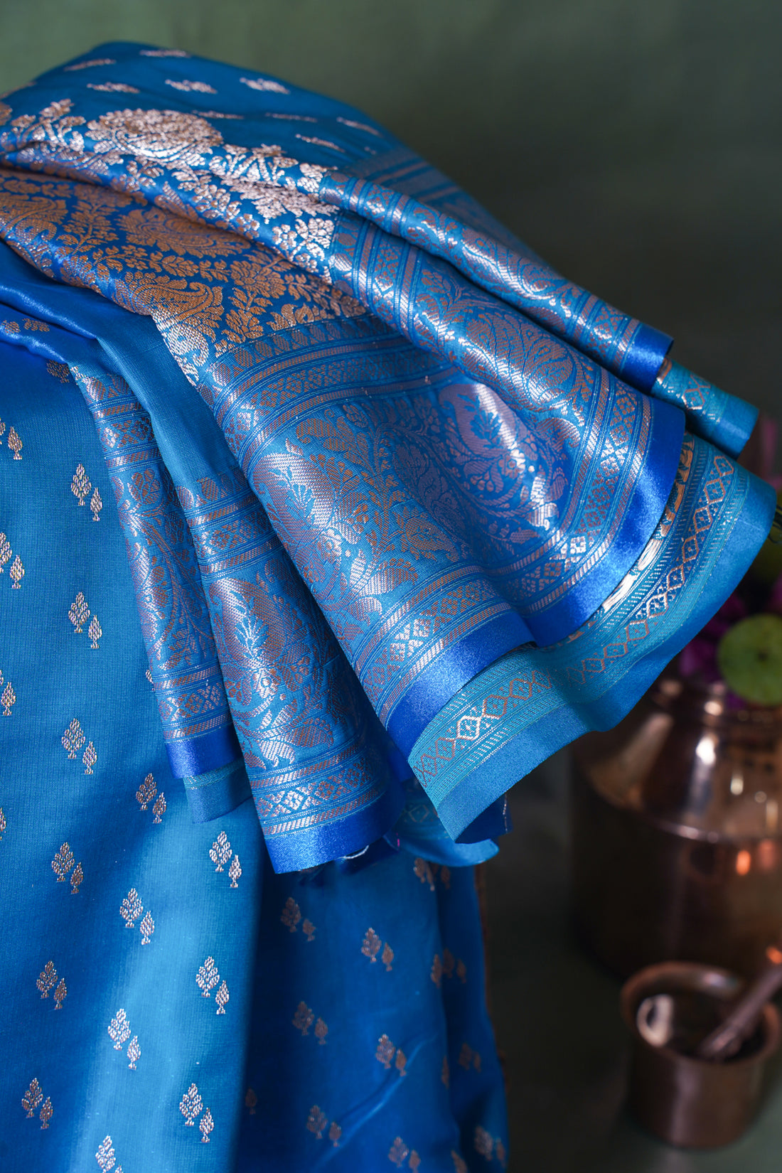Sky Blue Banarasi Upada Satin Silk Buti Saree