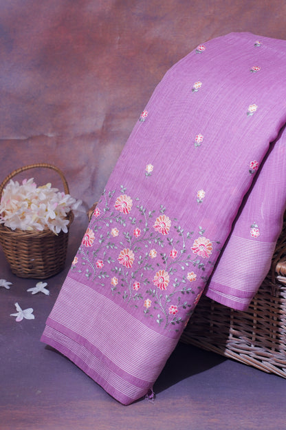 Lavender Linen Saree with Multicolor Chikankari Embroidery