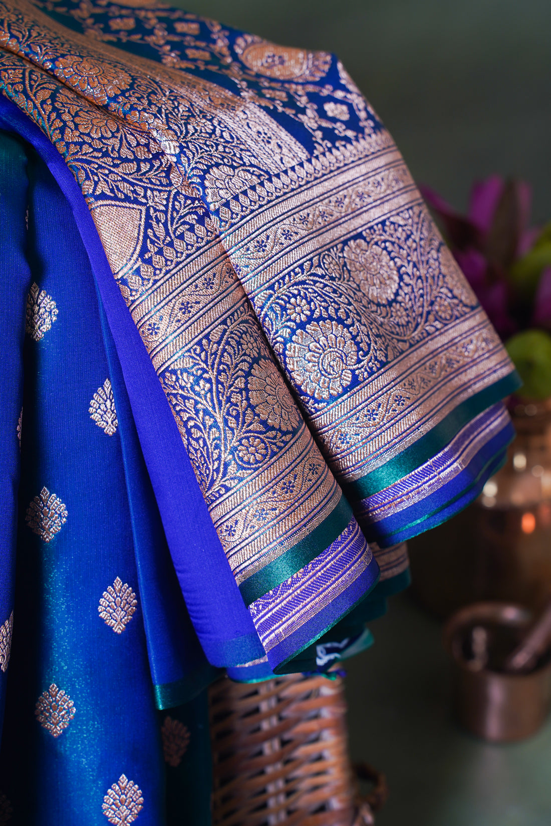Peacock Blue Banarasi Upada Satin Silk Saree